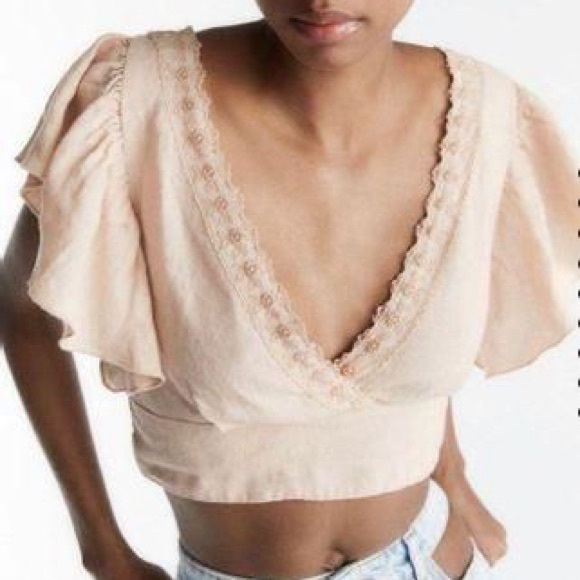 ZARA Boho Linen Ruffle Sleeve Crop Top S - Picture 13 of 15